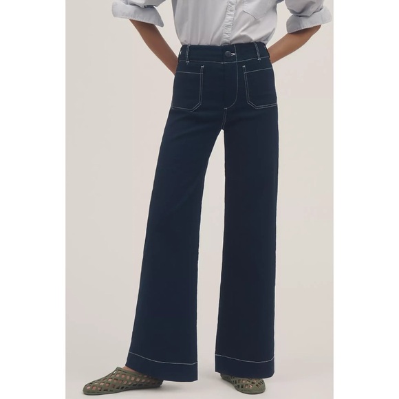 NWT Anthropologie Maeve Colette Linen Wide-Leg Pants Navy Contrast Stitch 27 - Picture 1 of 11